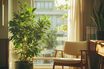 Fototapeta premium Sunlit corner with a vibrant plant and a cozy chair inviting relaxation in a tranquil indoor space during the late afternoon