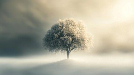 Solitary Frost-Covered Tree in a Misty Field