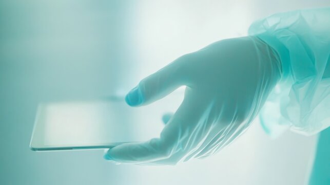 Clinical technology detail, modern medical tablet, pastel blue clothing accent, diffused hospital lighting, delicate hand gesture, sanitary white background, healthcare professional setting, clean