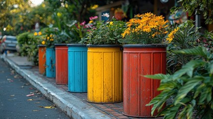 Colorful flower pots lined along a street, showcasing vibrant blooms and lush greenery in a lively setting