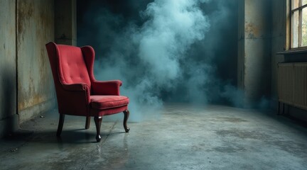 A crimson wingback chair sits alone in a dimly lit, aged room, shrouded in a mysterious fog.