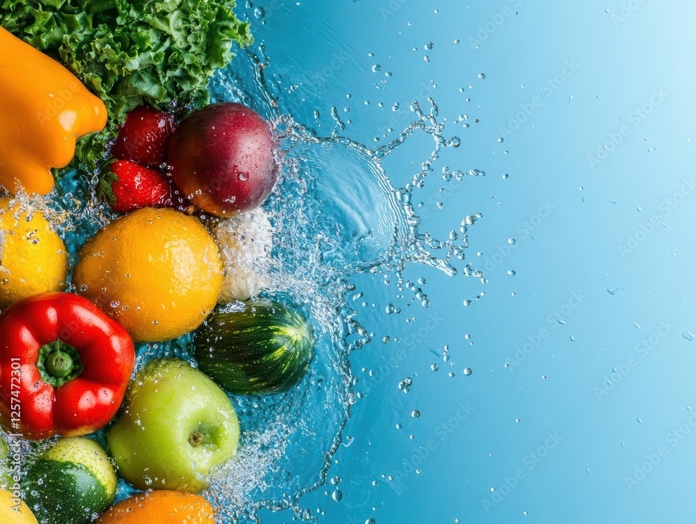 Poster fresh fruits and vegetables splashing in clear water creating a vibrant and healthy scene