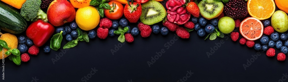 Poster assorted colorful fruits on a black background including apples bananas oranges and berries
