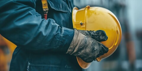 A close-up of a young oil rig worker adjusting their helmet and safety gear before heading out to the platform