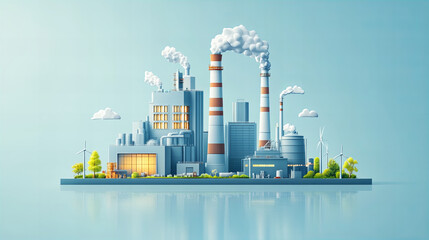 Obraz premium Industrial landscape featuring factories, smokestacks, and wind turbines, showcasing modern energy production and environmental sustainability