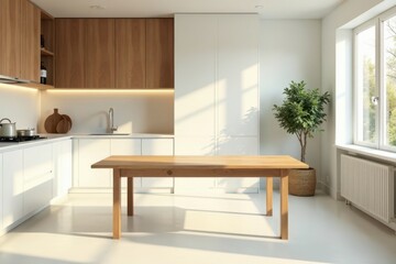 Modern minimalist kitchen interior with a light wood dining table and white cabinetry