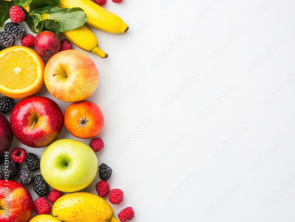 Poster Assorted fruits and berries arranged on a white background for a fresh and healthy display