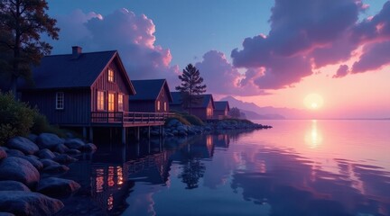 Fototapeta premium Serene Lakeside Cottages at Sunset Tranquil Evening Scene Featuring Cozy Cabins on a Calm Body of Water, Reflected in Still Waters Under a Pink Sky