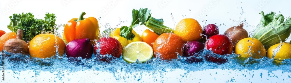 Poster fruits and vegetables splashing into water creating dynamic and vibrant water droplets and ripples