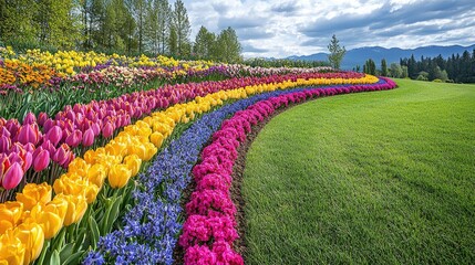 Vibrant flower garden with colorful tulips and blossoms in a scenic landscape under blue skies