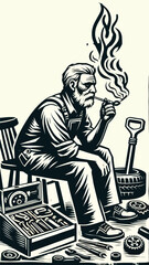an old man in mechanic's clothes was sitting and smoking, in block print style 