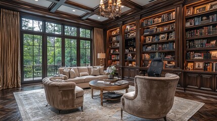 Elegant home office with plush seating, wooden bookshelves, and large windows overlooking nature