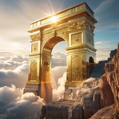 Fototapeta premium Majestic Archway Pierced By Sunrise Through Clouds Over Rugged Mountainscape Landscape Viewpoint With Panoramic Vista And Picturesque Valley Scenery And Scenic River Viewpoint Landscape Scenery Of A