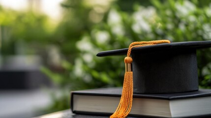 Graduation ceremony celebration university campus graduation cap books academic environment close-up view achievement symbolism