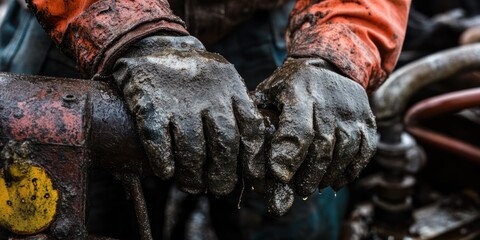 A close-up of an oil rig worker hands covered in grease while adjusting machinery, emphasizing hard work and dedication