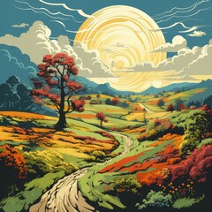 Retro Psychedelic 1970s Poster Featuring a Farmland Blueprint and Patterns