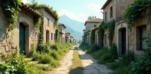 Fototapeta premium Distressed urban landscape with worn stone buildings and overgrown vegetation, foliage overgrowth, moody atmosphere