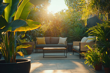 Serene outdoor lounge basking in golden sunlight surrounded by lush greenery in a tranquil garden setting during early evening hours
