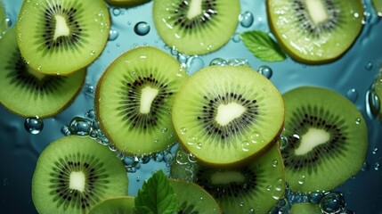 Fototapeta premium Top View of Sliced Kiwi Showing Fresh Green Fruit in Photorealistic Detail