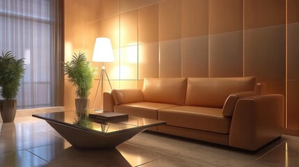 Modern Living Room Interior Design: Tan Leather Sofa, Glass Coffee Table, and Warm Lighting