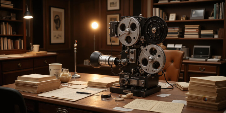 Analog Film Editing Room Vintage film editing suite with reels of 16mm film, a moviola editing machine, and stacks of handwritten notes