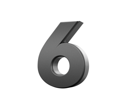 Sleek, metallic Black number 6 Six One standing on a white background, 3d illustration