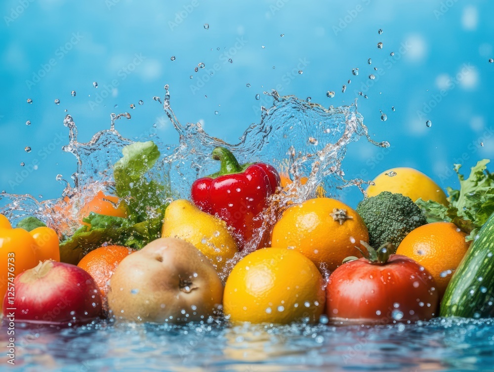 Poster fresh fruits including oranges apples and berries splashing into clear water on a white background