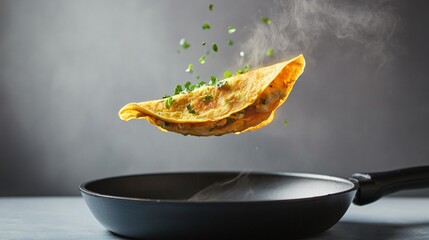 Flipping Delicious Omelette with Fresh Herbs in a Pan