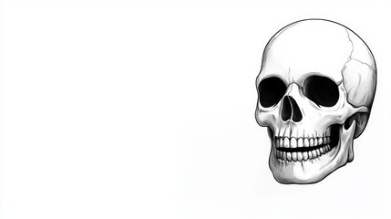 A black and white drawing of a human skull