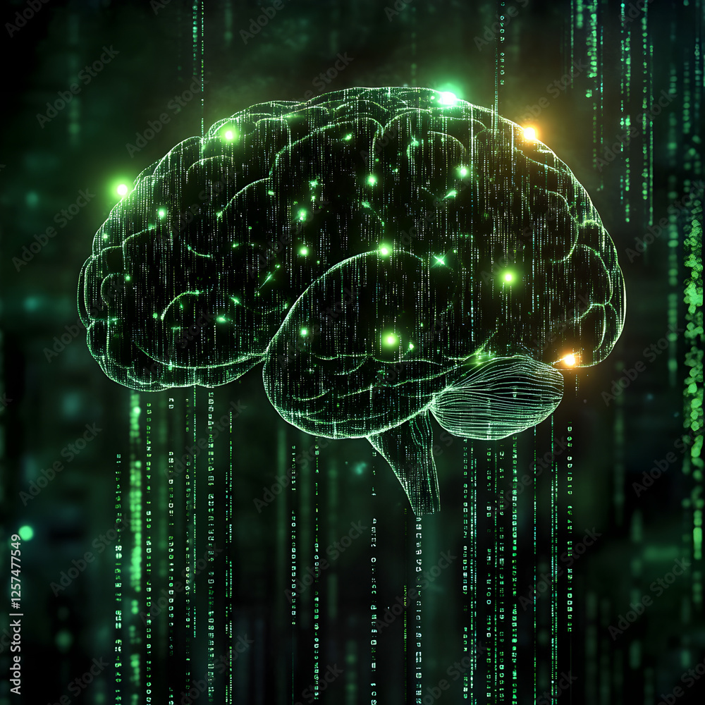 Poster digital mind: an illuminated digital brain floats against a background of binary code, capturing the