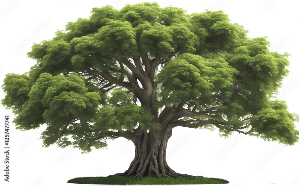 Poster a lush green tree with a thick trunk, isolated on a empty plain background
