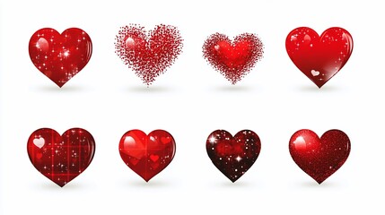 Eight red hearts, various textures, white background, Valentine's design