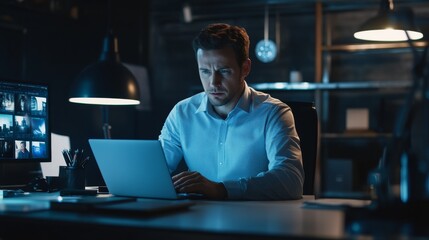 corporate virtual team meeting, elegant office environment, professional male attending video call, laptop screen with gallery view, multiple team members, business casual atmosphere, well-lit indoor