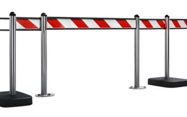 A modern pedestrian crossing barrier with a reflective strip, isolated on a empty plain background