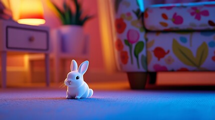 A cute white bunny figurine sits on a cozy carpet in a softly lit room.