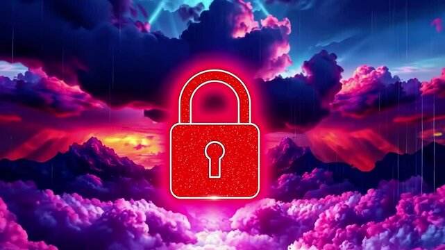 A vibrant sunset over majestic mountains, featuring a glowing lock symbolizing security and protection