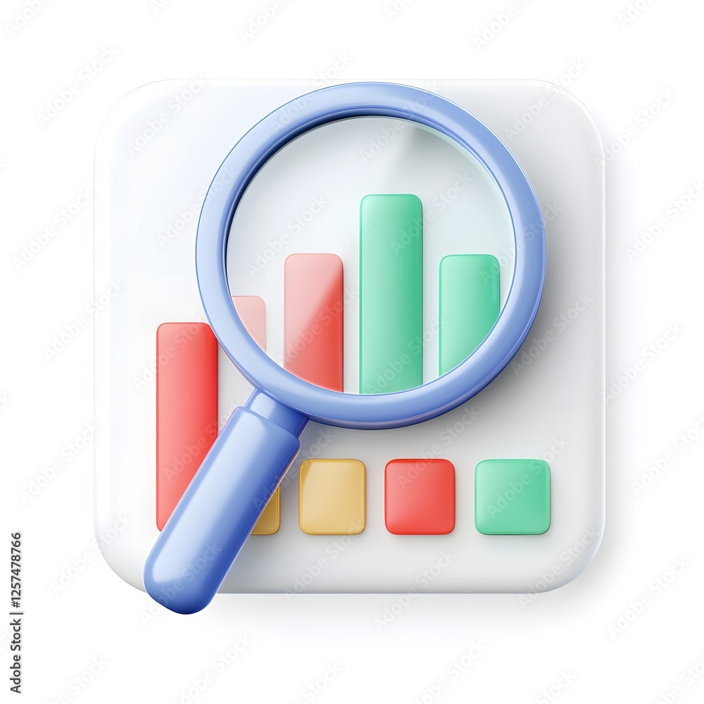 Poster 3d icon magnifying glass on bar chart