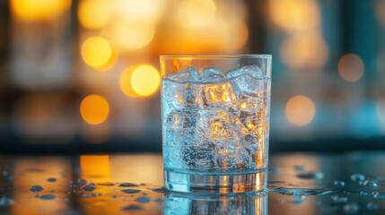 A glass filled with ice and water, sitting on a reflective surface.