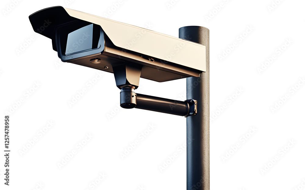 Poster A security camera mounted on a street pole, isolated on a empty plain background
