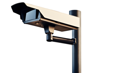 A security camera mounted on a street pole, isolated on a empty plain background