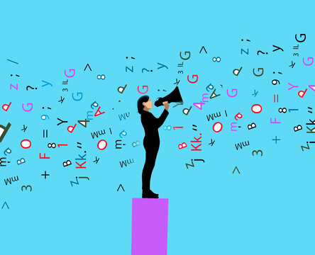 Illustration woman with megaphone against background of numbers and letters