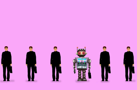 Illustration of robot standing in line of humans