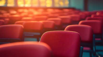Empty red chairs in an auditorium, sunlit windows in background, perfect for conference or lecture concepts