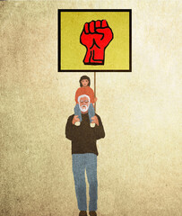 Illustration child holding sign board carried by grandfather