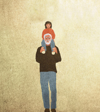 Illustration of grandfather carrying child on shoulders