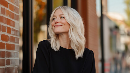 Smiling Blonde Woman in Black Top Against Brick Wall