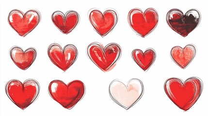 Hand-drawn red hearts collection, white background, Valentine's Day design, print