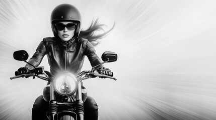 A woman in a leather jacket and helmet riding a motorcycle