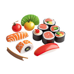 Delicious sushi platter, white background, 3D render, food blog