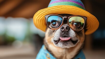 Small dog wearing a yellow hat and glasses
